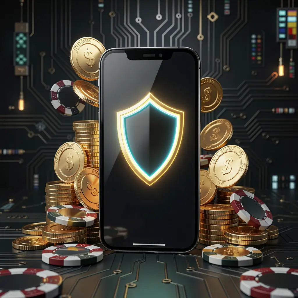 PP BD secure mobile casino app concept showing a smartphone with a glowing shield icon surrounded by golden coins and chips against a dark luxury cyber background in a realistic 3D render