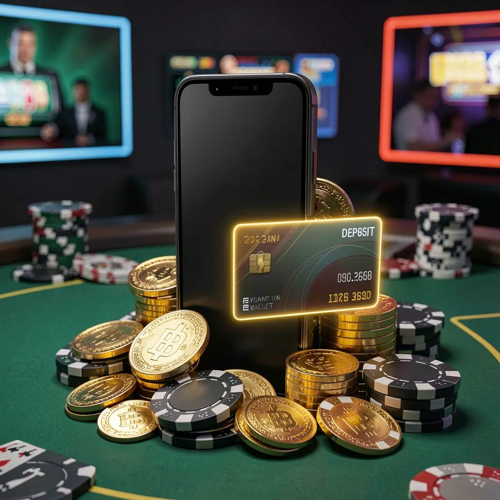 PP BD deposit bonus concept featuring a smartphone wallet with a glowing payment card, surrounded by golden coins and poker chips in a modern mobile casino style