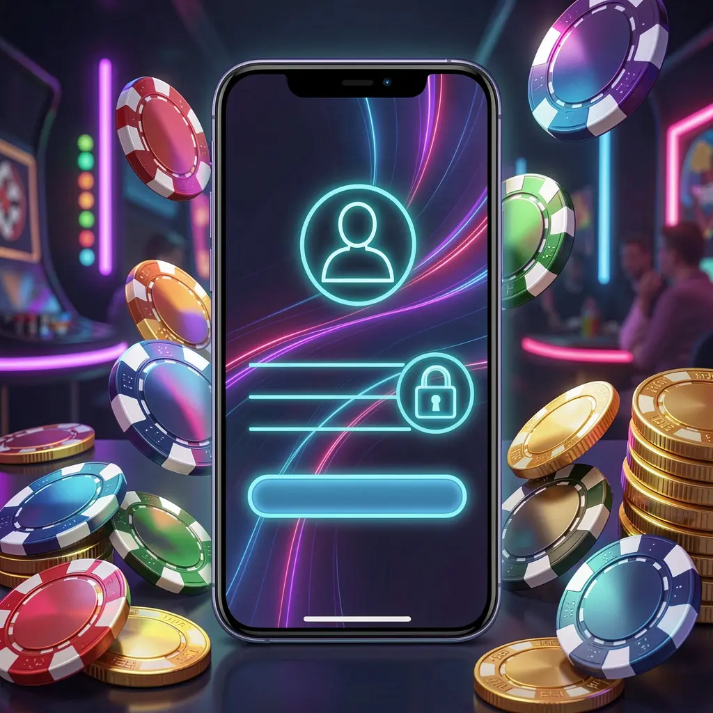 PP BD mobile gaming login page concept featuring a smartphone with an abstract login interface, user and lock icons, surrounded by casino chips and coins under luxury neon lighting