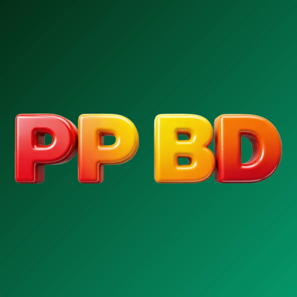 Vibrant PP BD logo design featuring bold heavy typography in bright red, yellow, and orange with a glossy 3D effect, showcasing an energetic modern branding style on a transparent background in a wide horizontal rectangular wordmark format for website header