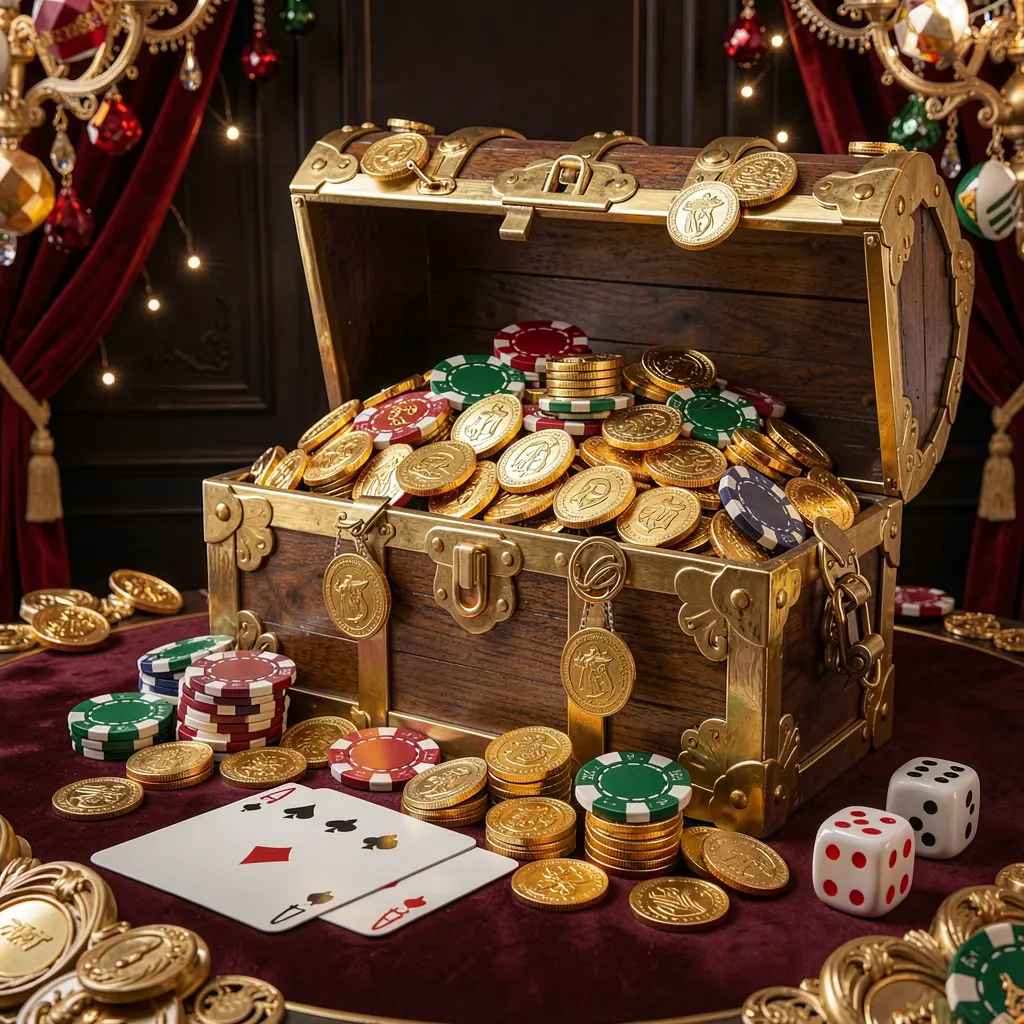 PP BD online casino welcome banner featuring a treasure chest filled with golden coins and casino chips, playing cards and dice nearby, set against a dark luxury background with a festive premium atmosphere